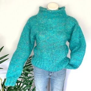 f u z z y :: Vintage Mohair Slouchy Turquoise Handmade Knit Sweater